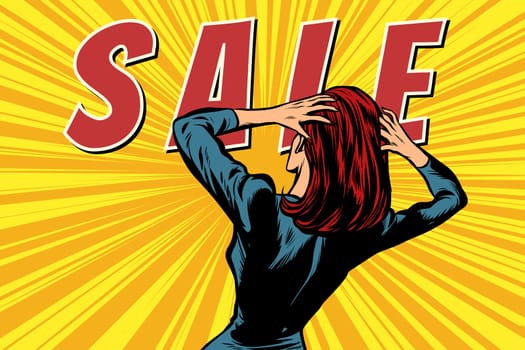 woman back sale. Pop art retro vector illustration comic cartoon vintage kitsch drawing
