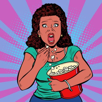 Woman watching a scary movie and eating popcorn. Fast food in the cinema hall. Pop art retro vector illustration comic cartoon vintage kitsch
