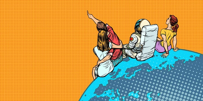people and an astronaut sitting on planet Earth watching the sky. Pop art retro vector illustration comic cartoon vintage kitsch drawing