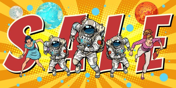 crowd of women and astronauts running sale. Pop art retro vector illustration comic cartoon vintage kitsch drawing