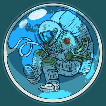 Newborn astronaut and planet earth. Humanity nature environment ecology. Pop art retro vector illustration comic cartoon vintage kitsch drawing