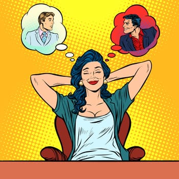 woman dreams, angel vs devil man. Pop art retro vector illustration comic cartoon vintage kitsch drawing