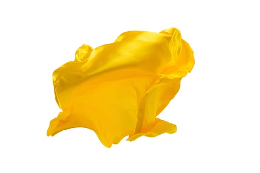 Smooth elegant transparent yellow cloth isolated or separated on white studio background. Texture of flying fabric.