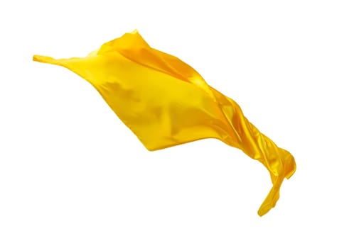 Smooth elegant transparent yellow cloth isolated or separated on white studio background. Texture of flying fabric.