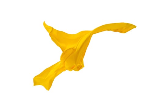 Smooth elegant transparent yellow cloth isolated or separated on white studio background. Texture of flying fabric.