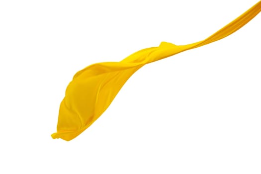 Smooth elegant transparent yellow cloth isolated or separated on white studio background. Texture of flying fabric.