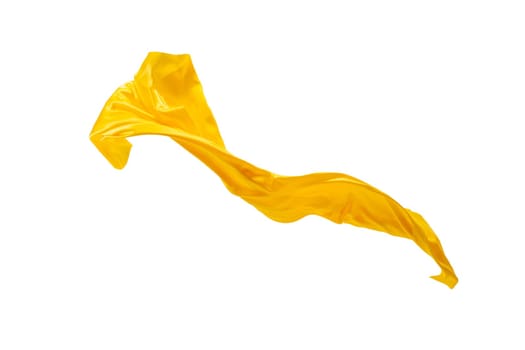 Smooth elegant transparent yellow cloth isolated or separated on white studio background. Texture of flying fabric.