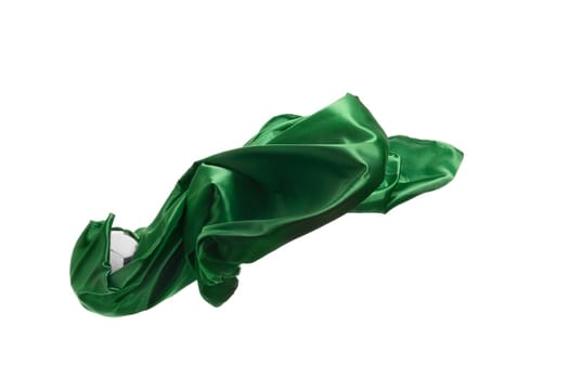Smooth elegant transparent green cloth isolated or separated on white studio background. Texture of flying fabric.
