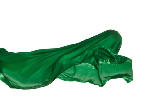 Smooth elegant transparent green cloth isolated or separated on white studio background. Texture of flying fabric.