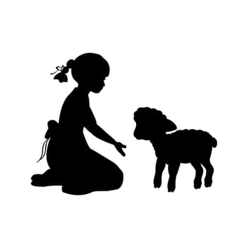 Silhouette girl sitting knees beckon lamb. Vector illustration