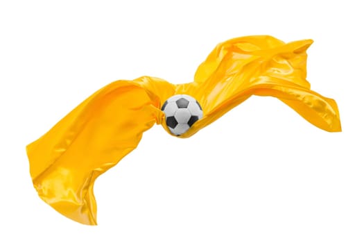 Soccer ball and Smooth elegant transparent yellow cloth isolated or separated on white studio background. Texture of flying fabric. yellow. Attributes of popular game. Concept of national flag color