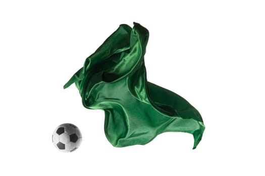 Soccer ball and Smooth elegant transparent green cloth isolated or separated on white studio background. Texture of flying fabric. yellow. Attributes of popular game. Concept of national flag color