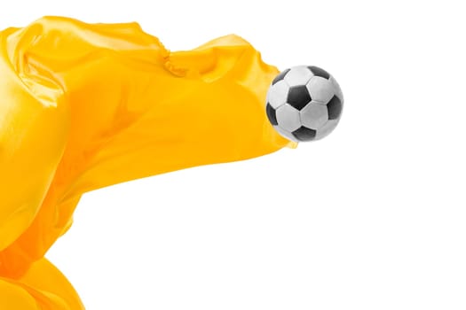 Soccer ball and Smooth elegant transparent yellow cloth isolated or separated on white studio background. Texture of flying fabric. yellow. Attributes of popular game. Concept of national flag color