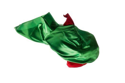Smooth elegant transparent red, green cloth isolated or separated on white studio background. Texture of flying fabric.