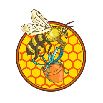 Icon retro style illustration of a bumblebee or bumble bee, member of genus Bombus, part of Apidae of bee family, carrying honey pot with beehive and hexagonal honeycomb floor set inside circle.