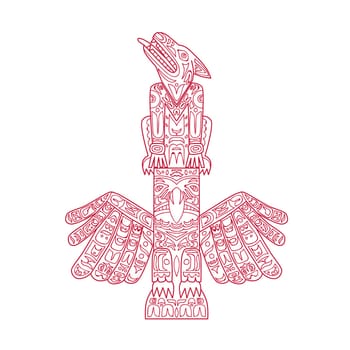 Doodle art illustration of a wolf and eagle totem pole, a type of Northwest Coast art, consisting of poles, posts or pillars, with symbols or figures on top of each other done in mandala style.