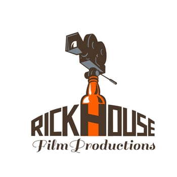Icon retro style illustration of a vintage 35mm Motion Picture Camera, film or movie camera set on top of whisky bottle with words Rickhouse Film Productions set on isolated background.