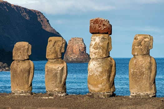 Moais in the evening light,Ahu Tongariki,Easter Island,Valparaíso,Chile,Polynesia,Oceania