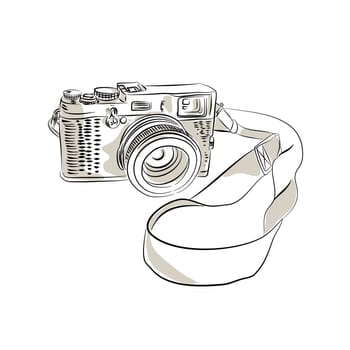 Drawing sketch style illustration of a vintage 35mm SLR  film camera with sling or strap and zoom lens on isolated background.