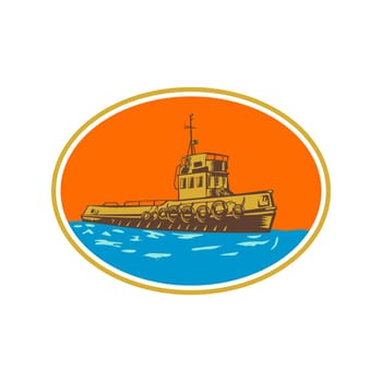 Retro woodcut style illustration of tug, tugboat or towboat, a type of marine vessel that maneuvers other ship or boat by pushing pulling by direct contact or by tow line set inside oval shape.