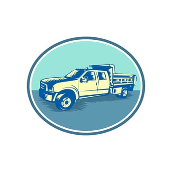 Retro woodcut style illustration of a Tipper Pick-up or pickup truck, equipped with open-box bed hinged at the rear and equipped with hydraulic rams to lift the front viewed from side set inside oval.