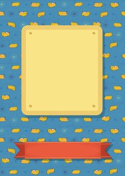 Greeting card. Cartoon funny yellow pigs with white decor. Yellow and red banners for custom text. Blue background