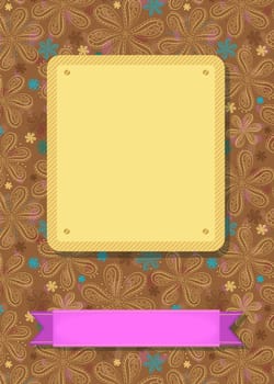 Floral greeting card. Brown and blue geometric flowers. Yellow and pink banners for custom text. Brown background