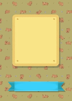 Retro greeting card. Cartoon brown dogs Chow-chow. Yellow and blue banners for custom text. Brown background