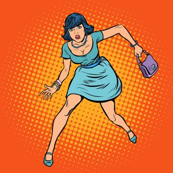 Beautiful woman with a bag running. Pop art retro vector illustration comic cartoon vintage kitsch drawing