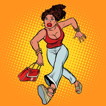 Beautiful woman with a bag running. African American people. Pop art retro vector illustration comic cartoon vintage kitsch drawing