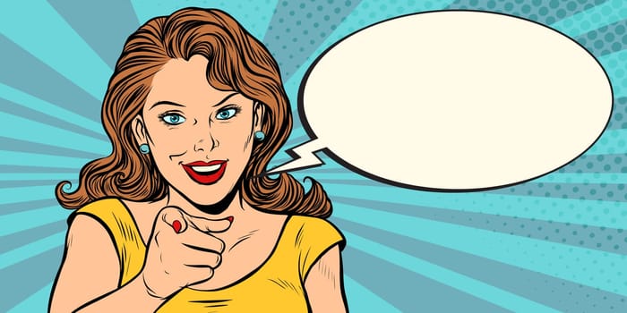 gesture woman pointing finger at you. Pop art retro comic book cartoon drawing vector illustration kitsch vintage