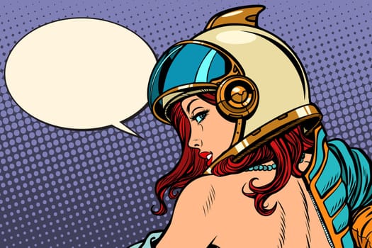 woman astronaut passionate look. Pop art retro comic book cartoon drawing vector illustration kitsch vintage