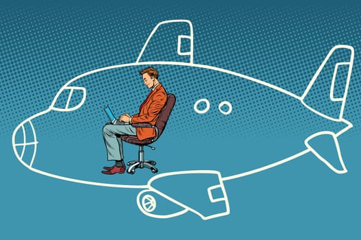 Businessman working on a laptop, dreams of flying in an airplane. Tourism and travel. Comic book cartoon pop art retro vector illustration vintage kitsch