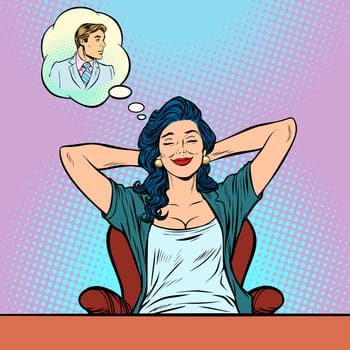 woman dreams, angels perfect man. Pop art retro vector illustration comic cartoon vintage kitsch drawing