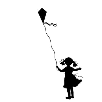 Silhouette girl flying kite summer. Vector illustration