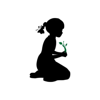 Silhouette girl sitting knees plant sprout. Vector illustration