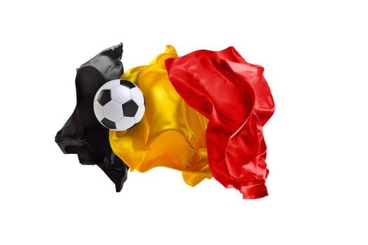 The national flag of Belgium. FIFA World cup. Russia 2018. Flag made of fabric. Football and soccer concept. Fans concept. Soccer ball with fabric. Isolated on white background. Flying flag.