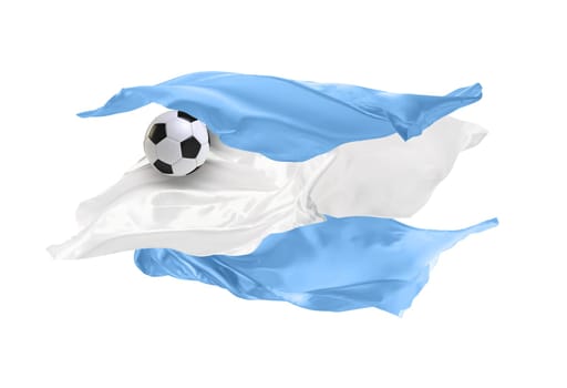 The national flag of Argentina. FIFA World cup. Russia 2018. Flag made of fabric. Football and soccer concept. Fans concept. Soccer ball with fabric. Isolated on white background. Flying flag.