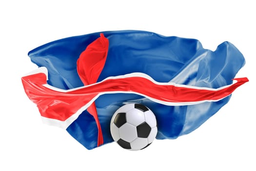 The national flag of Iceland. FIFA World cup. Russia 2018. Flag made of fabric. Football and soccer concept. Fans concept. Soccer ball with fabric. Isolated on white background. Flying flag.