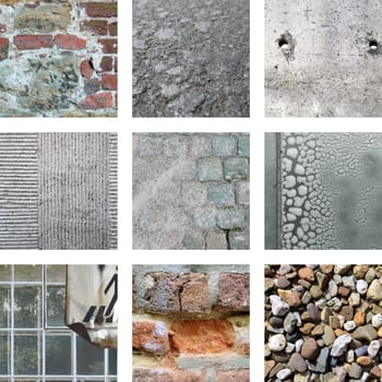 Nine pictures of old stones and weathered walls