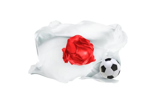 The national flag of Japan. FIFA World cup. Russia 2018. Flag made of fabric. Football and soccer concept. Fans concept. Soccer ball with fabric. Isolated on white background. Flying flag.