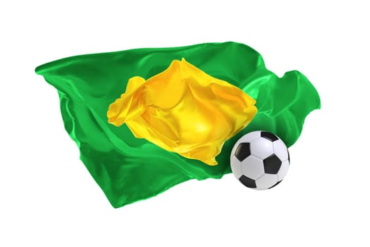 The national flag of Brasil. FIFA World cup. Russia 2018. Flag made of fabric. Football and soccer concept. Fans concept. Soccer ball with fabric. Isolated on white background. Flying flag.