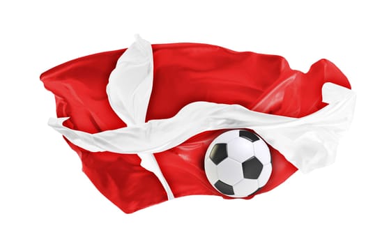 The national flag of Danmark. FIFA World cup. Russia 2018. Flag made of fabric. Football and soccer concept. Fans concept. Soccer ball with fabric. Isolated on white background. Flying flag.