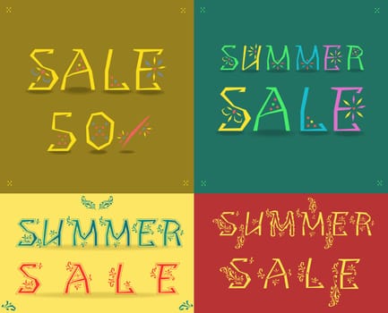 Cards with texts for retail. Inscriptions Sale by colorful artistic font with floral decor.  illustration