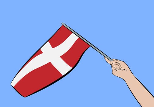 Female hand waving the flag of Denmark on a blue sky, vector illustration