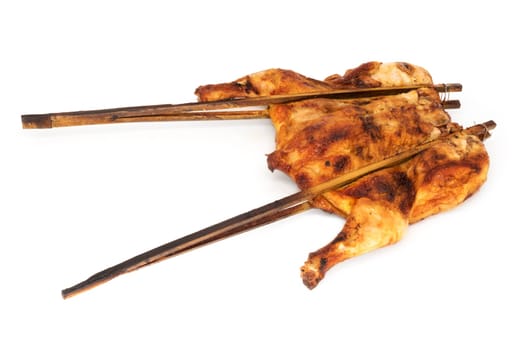 Barbecue chicken,grilled meat with sticks on a white background