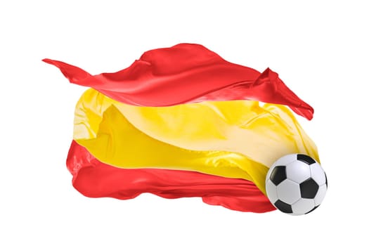 The national flag of Spain. World cup. Russia 2018. Flag made of fabric. Football and soccer concept. Fans concept. Soccer ball with fabric. Isolated on white background. Flying flag.
