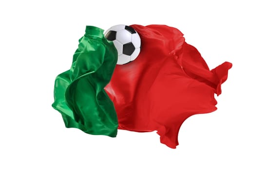 The national flag of Portugal. World cup. Russia 2018. Flag made of fabric. Football and soccer concept. Fans concept. Soccer ball with fabric. Isolated on white background. Flying flag.