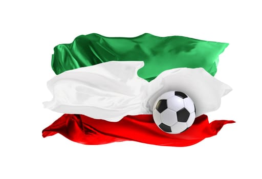 The national flag of Iran. World cup. Russia 2018. Flag made of fabric. Football and soccer concept. Fans concept. Soccer ball with fabric. Isolated on white background. Flying flag.