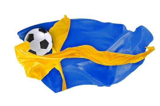 The national flag of Sweden. World cup. Russia 2018. Flag made of fabric. Football and soccer concept. Fans concept. Soccer ball with fabric. Isolated on white background. Flying flag.